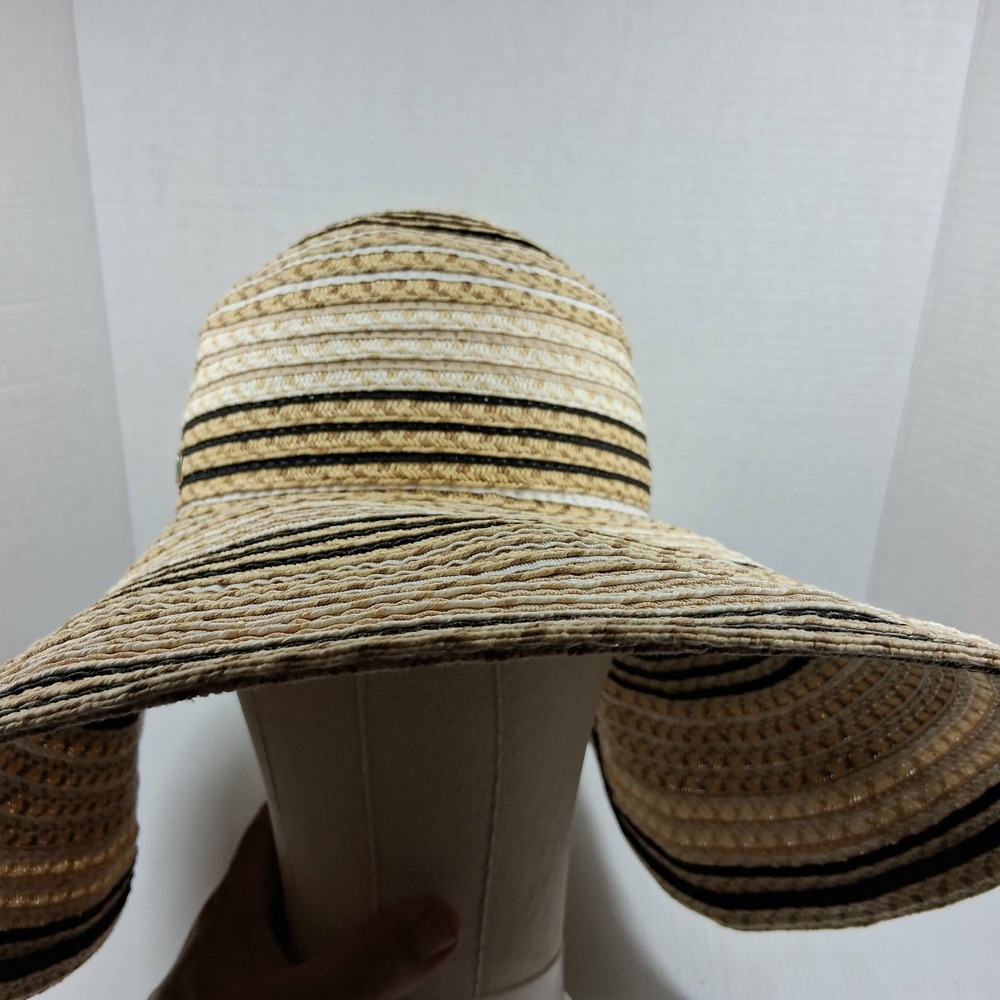 Calvin Klein Womens Wide Brim Striped Straw Sun Hat Natural Black A3OH1610